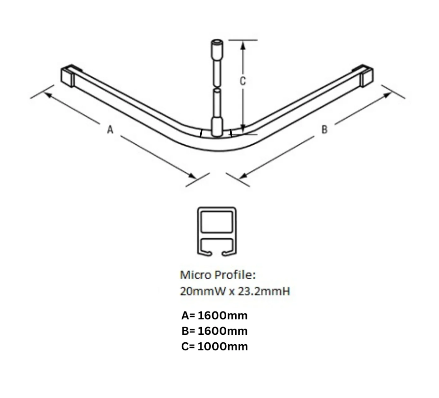 1600mm x 1600mm L Bend Shower Curtain Track System - Image 2