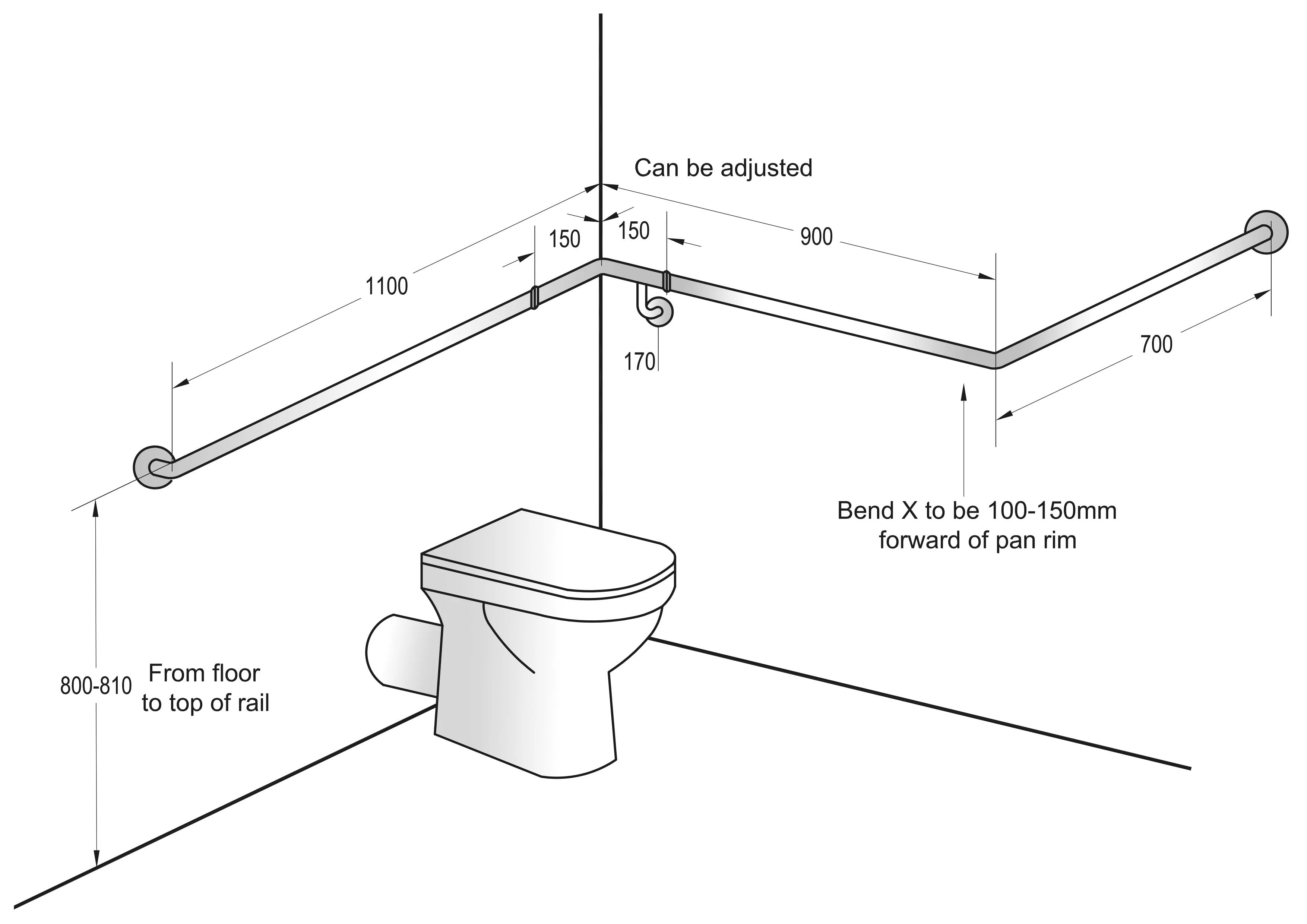 30° Flush Mount Wrap Around Grab Rail Modular 1100x900x700mm LH - Image 2