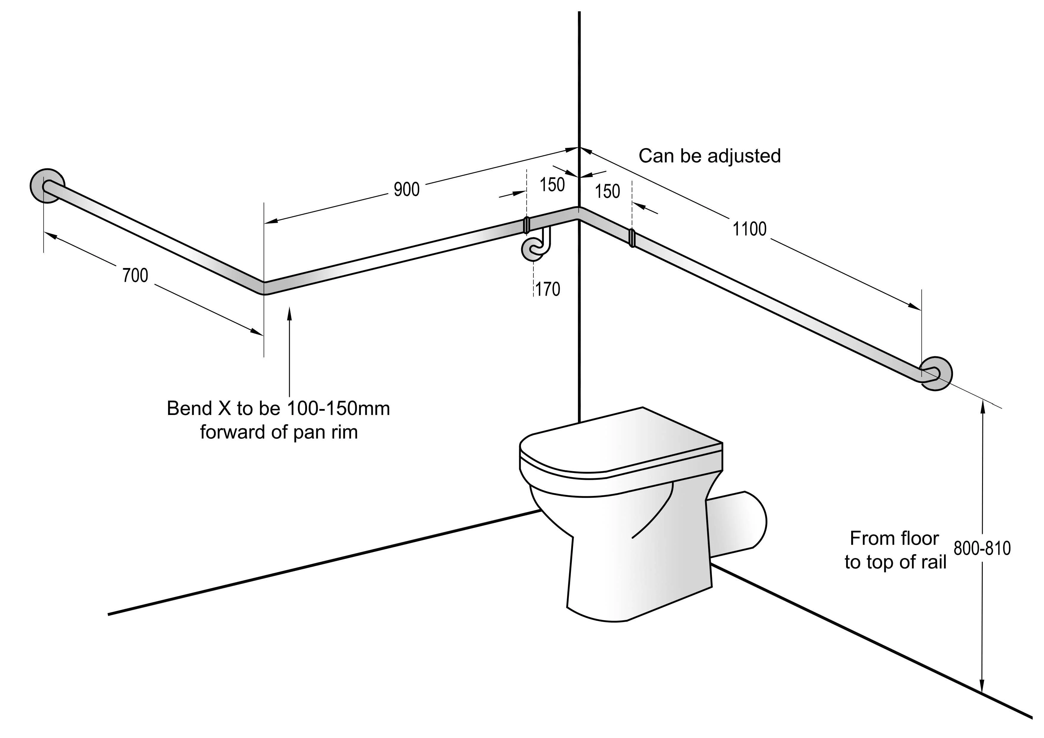 30° Flush Mount Wrap Around Grab Rail Modular 1100x900x700mm RH - Image 2