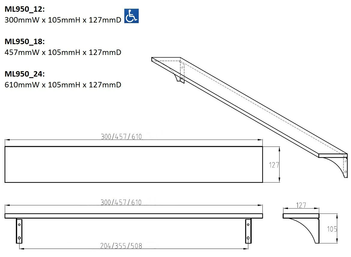 300mmW x 105mmH x 127mmD Utility Shelf in Satin Stainless Steel - Image 2