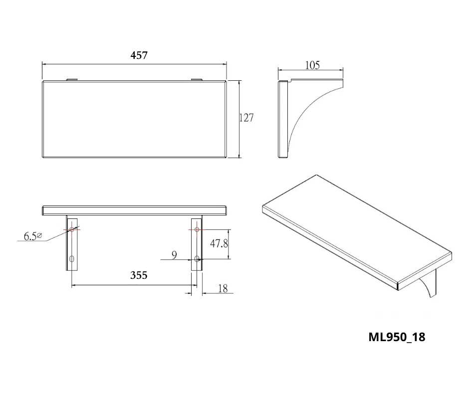 457mmW x 105mmH x 127mmD Utility Shelf in Satin Stainless Steel - Image 2
