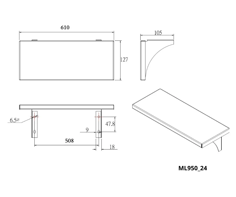 610mmW x 105mmH x 127mmD Utility Shelf in Satin Stainless Steel - Image 2