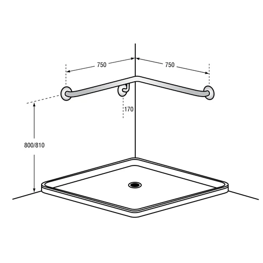 750mm x750mm Corner Wall Flush Mount Shower Grab Rail RH in Satin Stainless Steel - Image 2