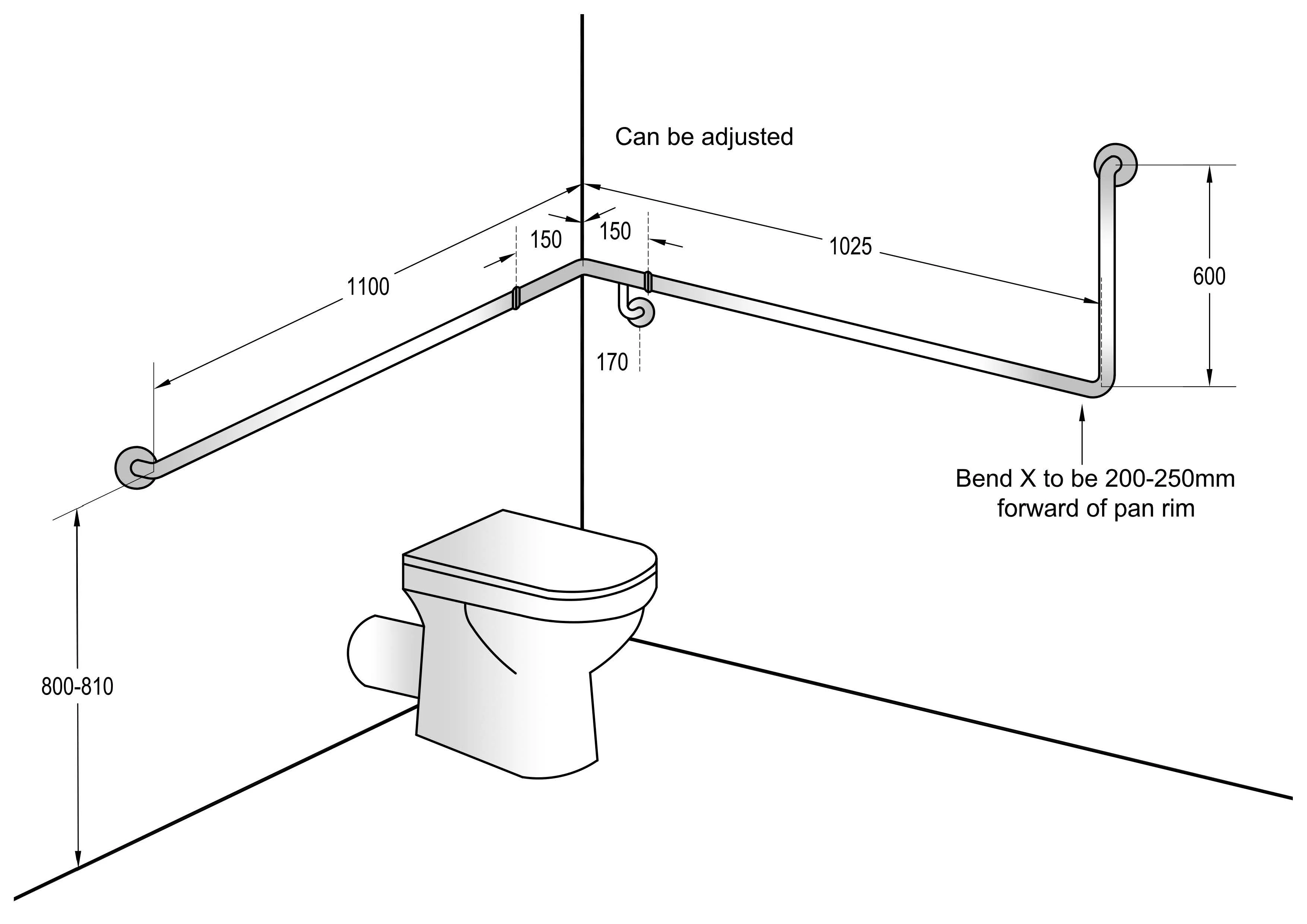90° Flush Mount Wrap Around Grab Rail Modular 1100x1025x600mm LH - Image 2
