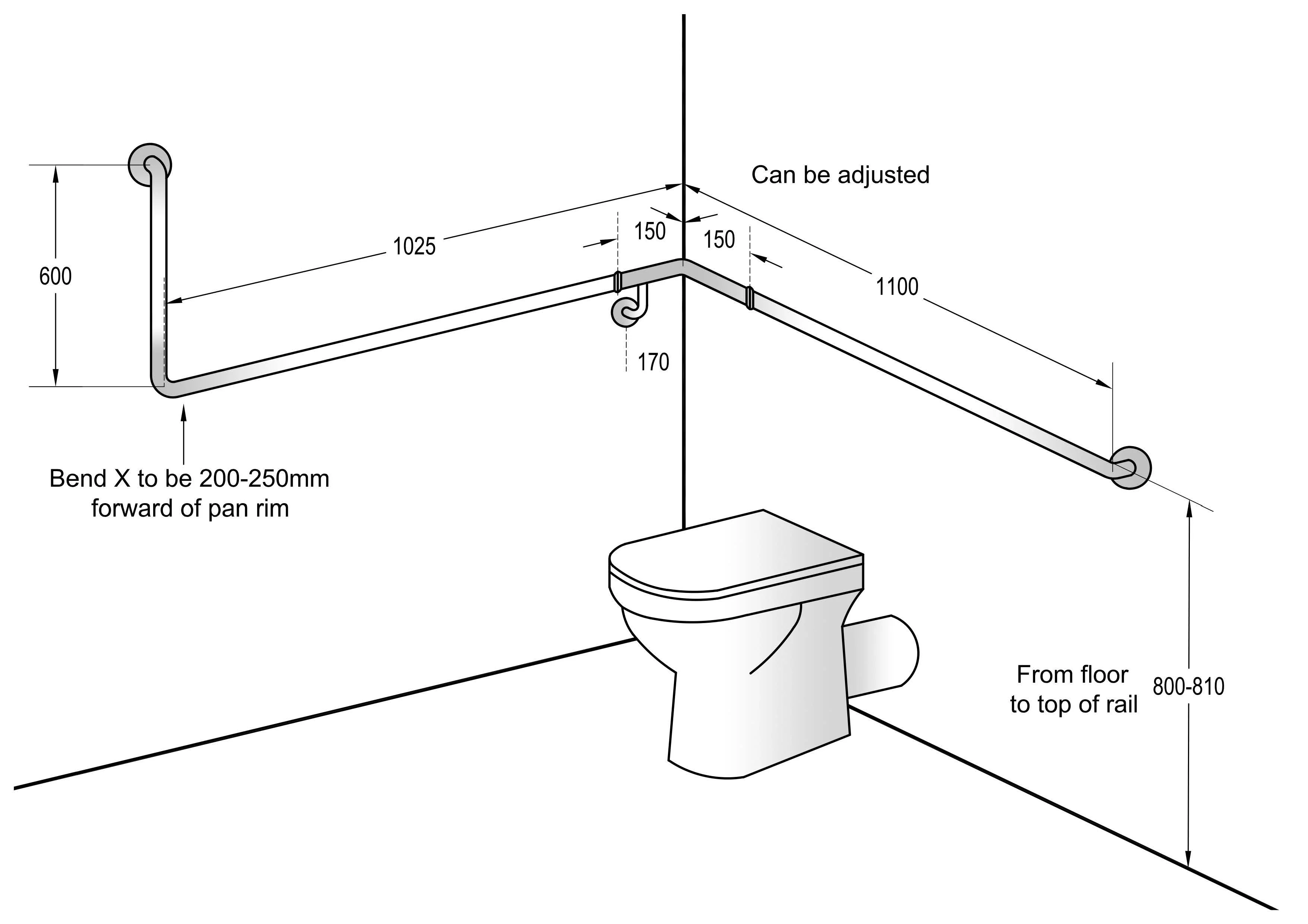 90° Flush Mount Wrap Around Grab Rail Modular 1100x1025x600mm RH in Designer Black - Image 2