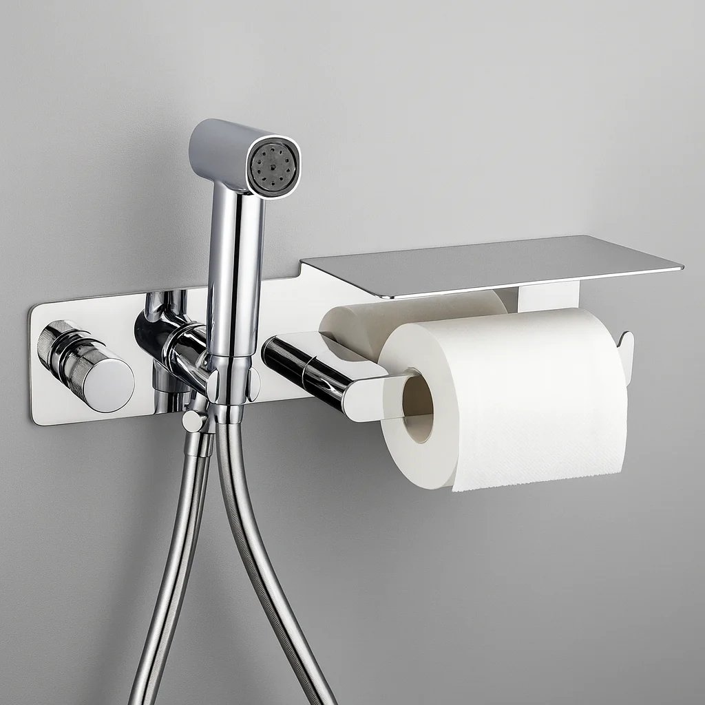 Chrome Bidet Set with Toilet Roll Holder and Tray - Image 5