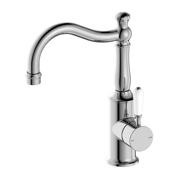 York Basin Mixer Hook Spout With White Porcelain Lever - Image 8