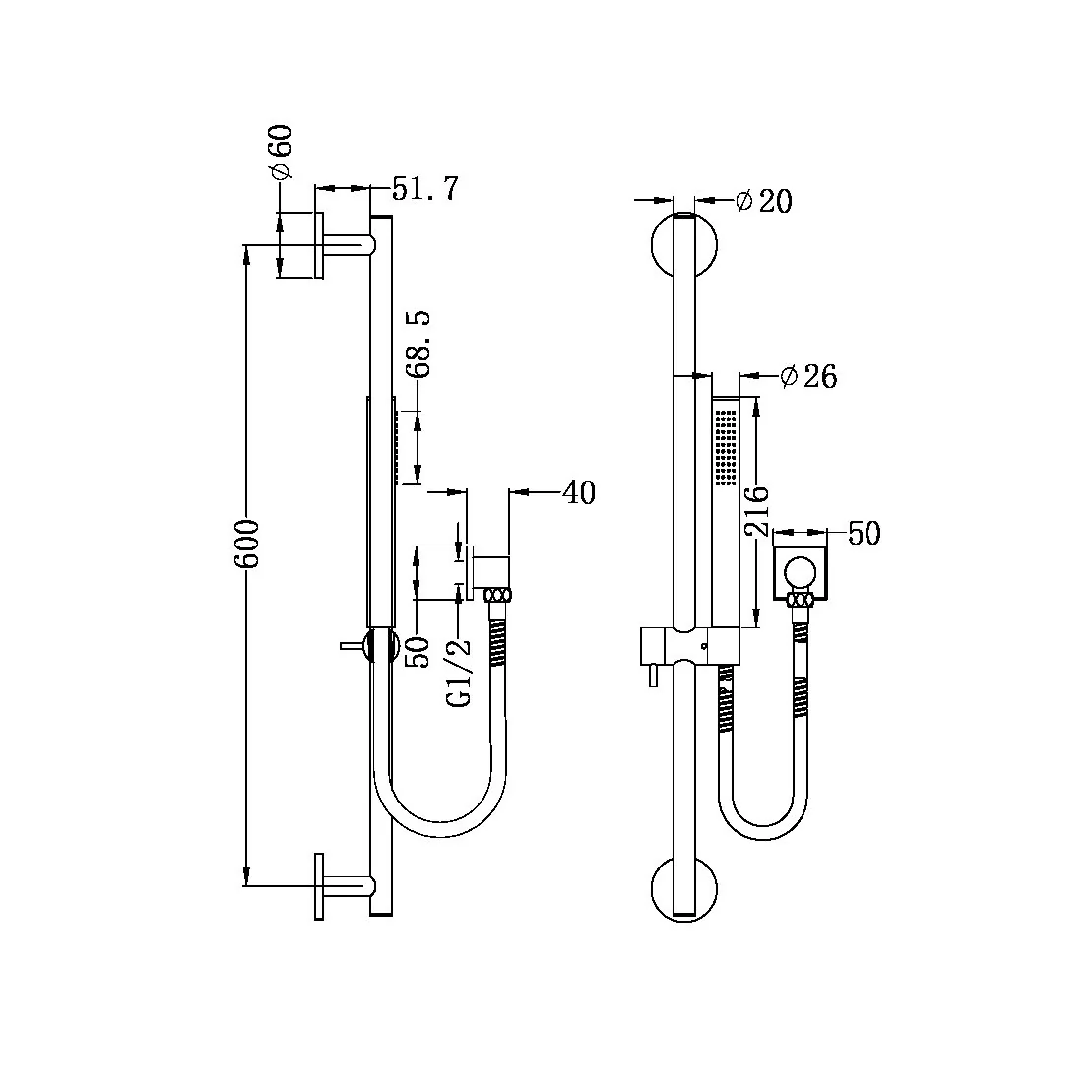 Dolce Shower Rail With Slim Hand Shower - Image 2