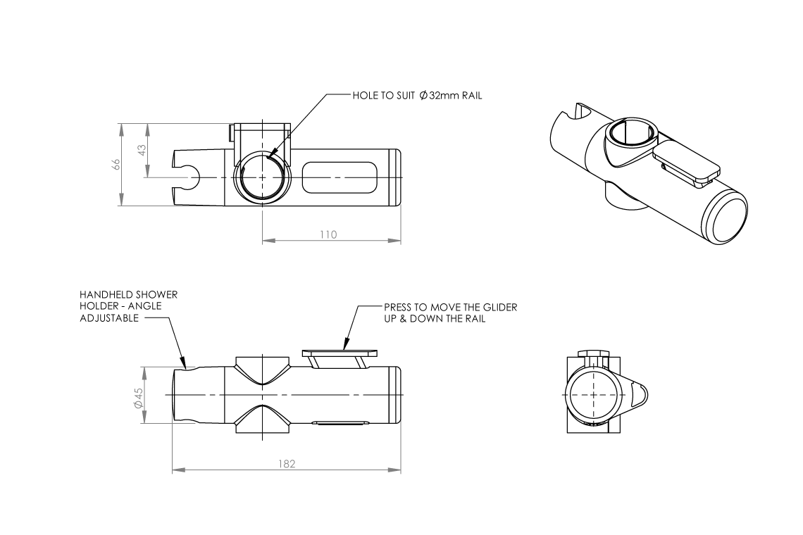 Grab-rail mounted hand shower holder with rail slider, suitable for people with disabilities, has been designed in conjunction with advice from Occupational Therapy and Palliative Care experts. - Image 2