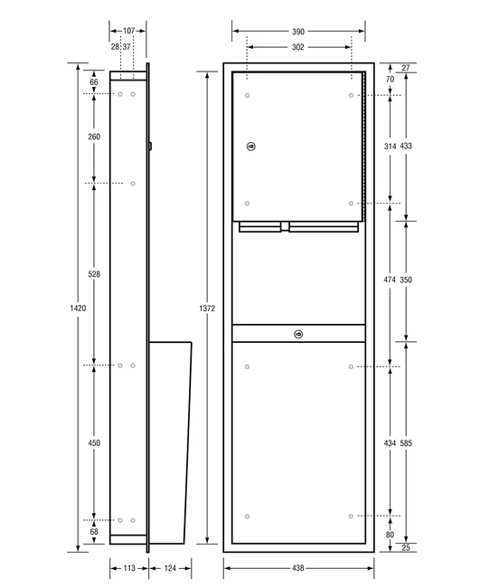 Paper Towel Dispenser & Waste Receptacle - Recessed in Satin Stainless Steel 438mmW x 1420mmH x 237mmD - Image 2