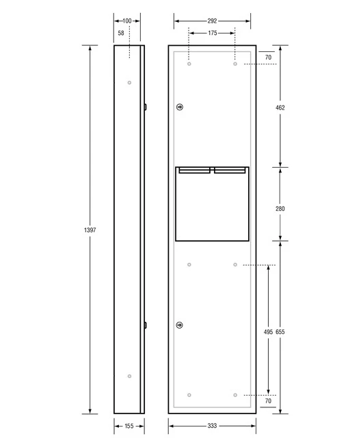 Paper Towel Dispenser & Waste Receptacle - Surface Mounted in Satin Stainless Steel 333mmW x 1397mmH x 155mmD - Image 2