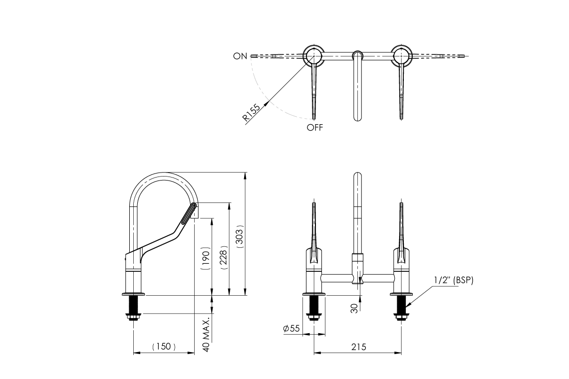 Wellbeing Leva 150mm Type 50 Hob Mounted Mixing Set with Curved Sink Spout - Image 2