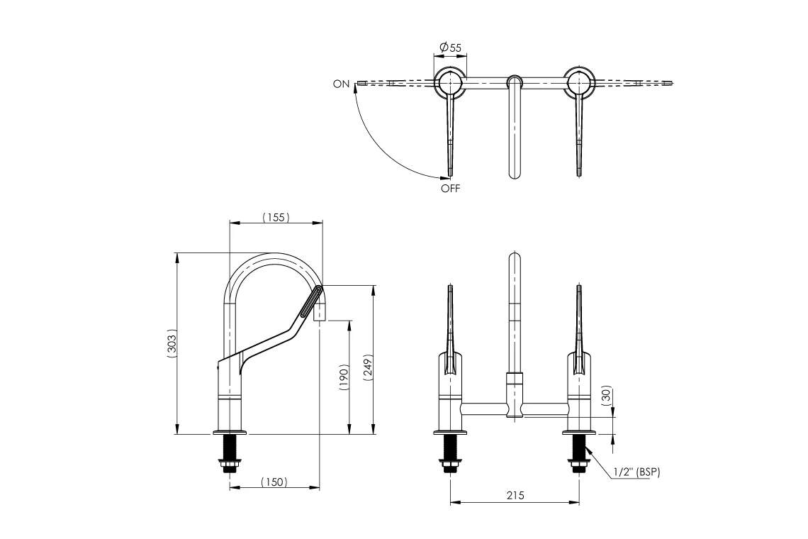 Wellbeing Leva 150mm Type 50 Hob Mounted Mixing Set with Curved Sink Spout – Jumper Valve - Image 2