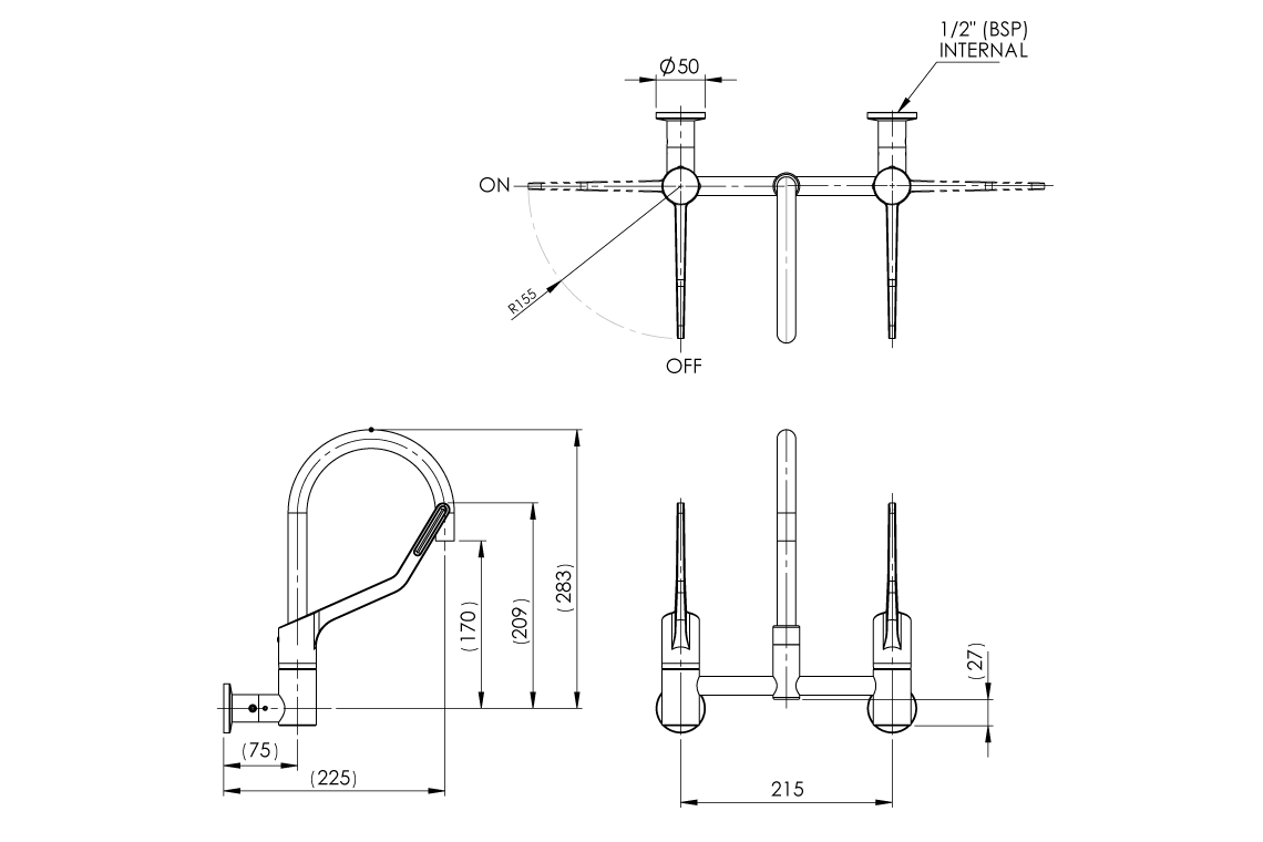 Wellbeing Leva 150mm Type 51 Wall Mounted Mixing Set with Curved Sink Spout & Isolation Valves - Image 2