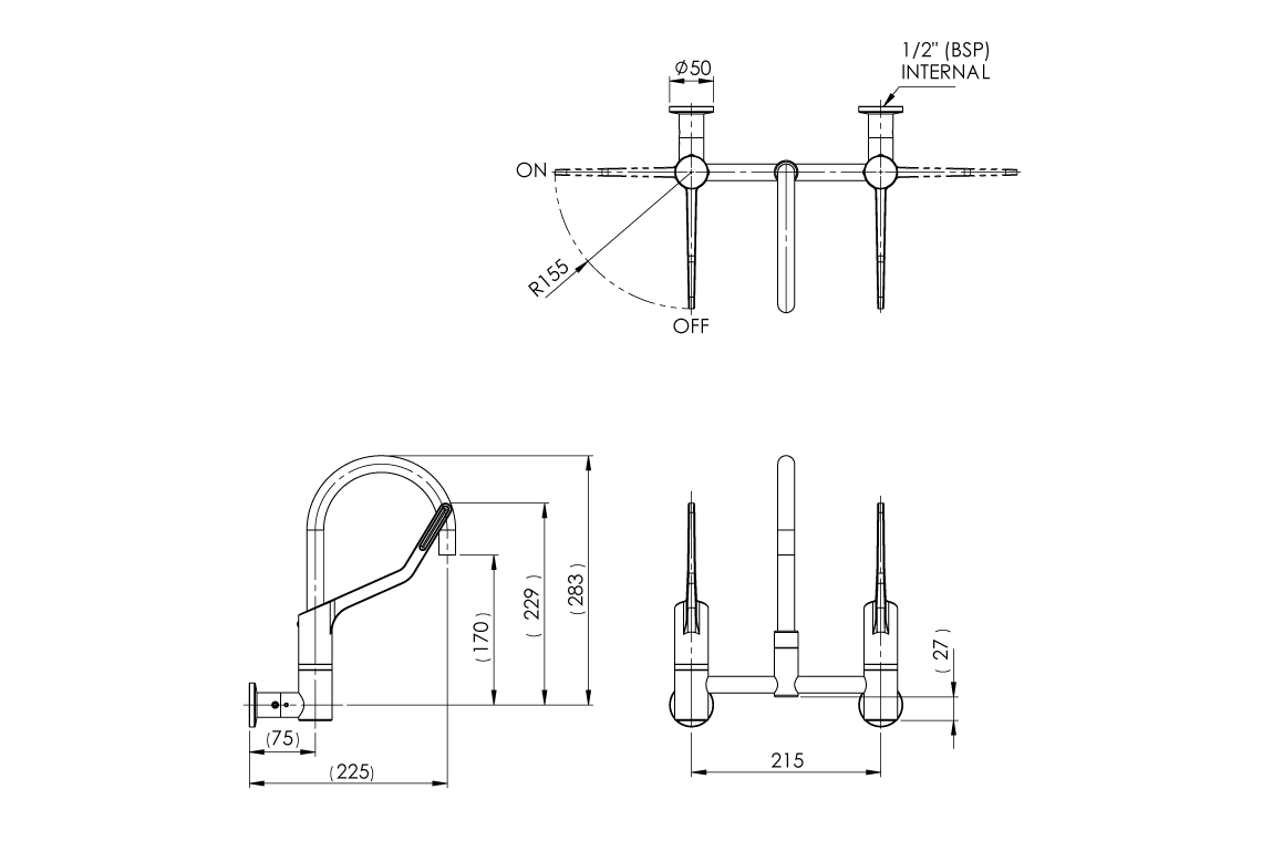 Wellbeing Leva 150mm Type 51 Wall Mounted Mixing Set with Curved Sink Spout & Isolation Valves – Jumper Valve - Image 2