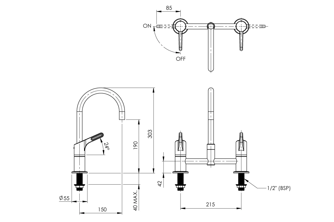 Wellbeing Leva 80mm Type 50 Hob Mounted Mixing Set with Curved Sink Spout - Image 2
