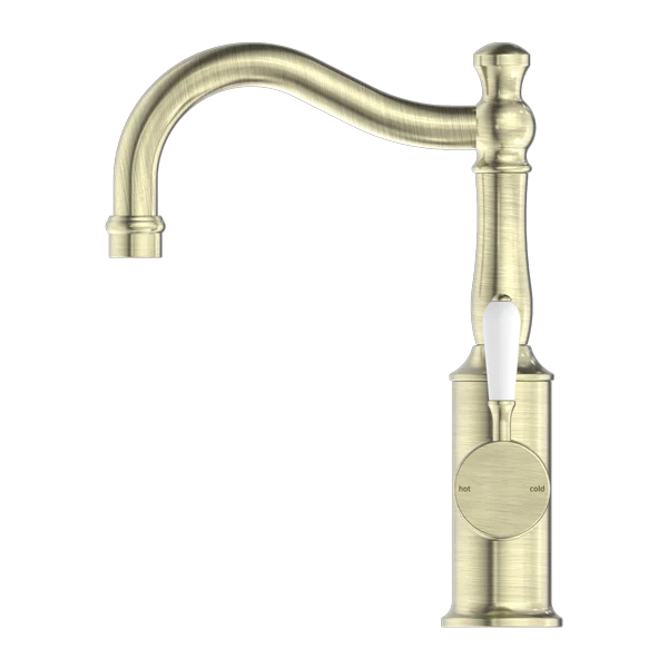 York Basin Mixer Hook Spout With White Porcelain Lever Aged Brass - Image 3