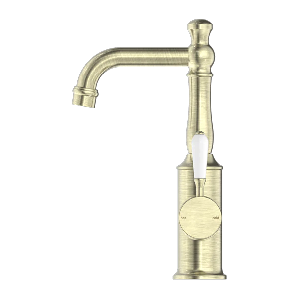 York Basin Mixer With White Porcelain Lever Aged Brass - Image 2