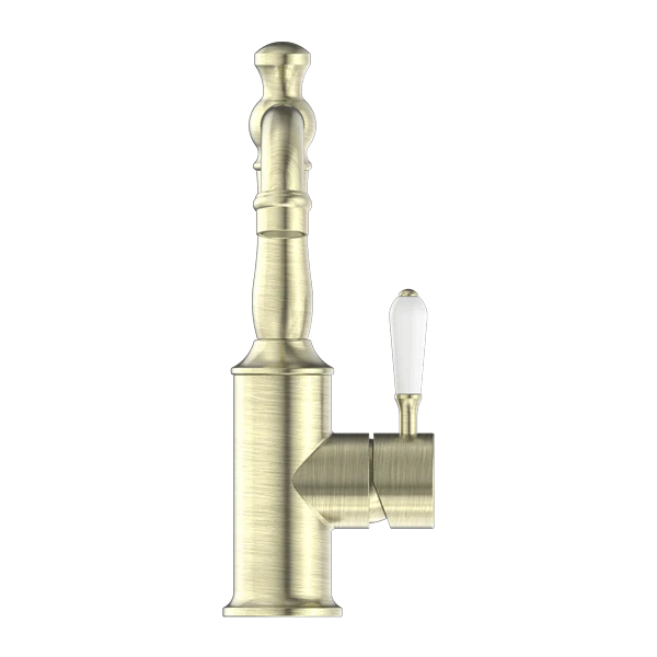 York Basin Mixer With White Porcelain Lever Aged Brass - Image 3